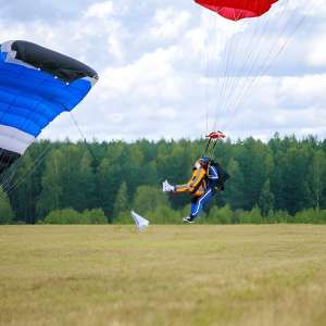 Skydiver touching down at the landing zone near Nashville with blue and red parachutes overhead